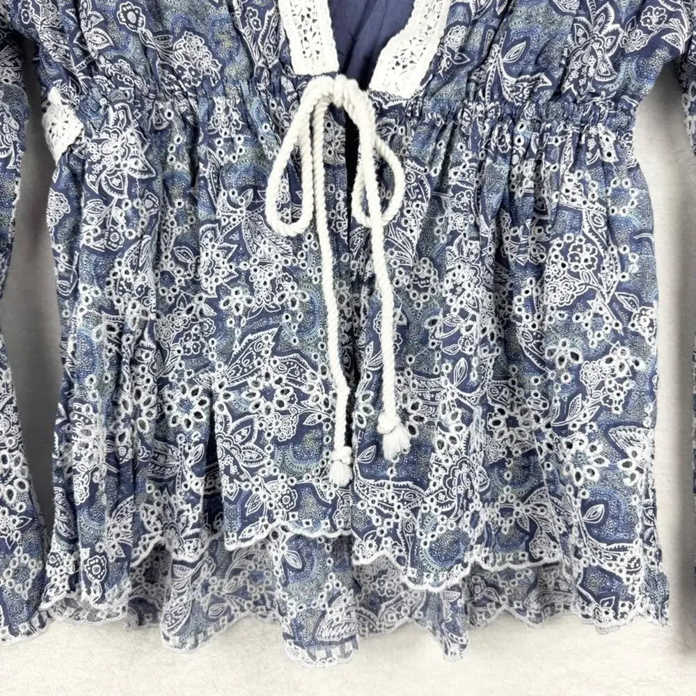Free People Anissa Bed Jacket Eyelet Lace Tie Front Blue Combo Size S Beach Boho